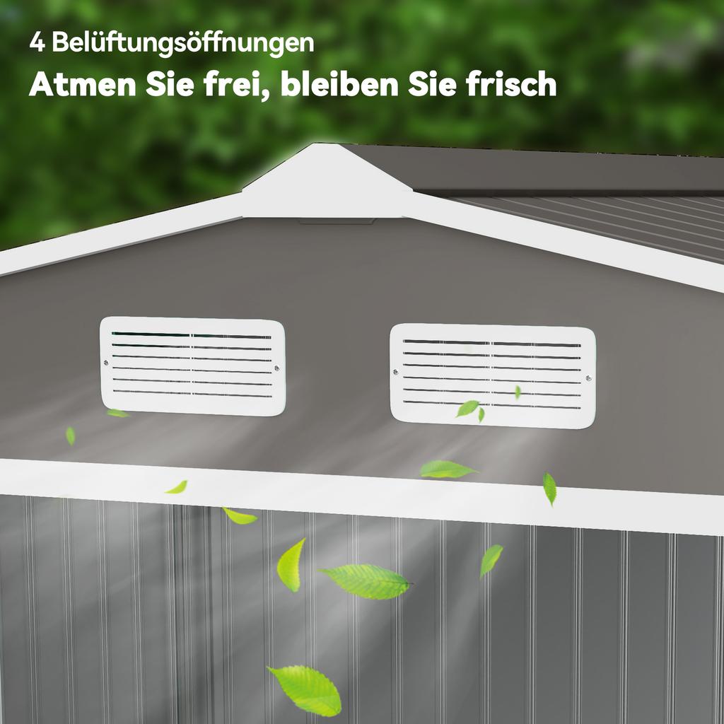 9 X 6FT Outdoor Garden Roofed Metal Storage Shed Tool Box with Foundation Ventilation & Doors Light, Grey