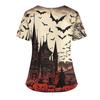 Women's Halloween Printed V-Neck Double Pocket Short Sleeves Hem Slit Uniform Caregiver Top