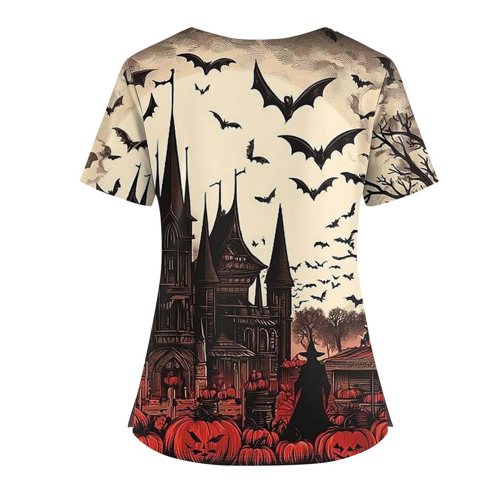 Women's Halloween Printed V-Neck Double Pocket Short Sleeves Hem Slit Uniform Caregiver Top