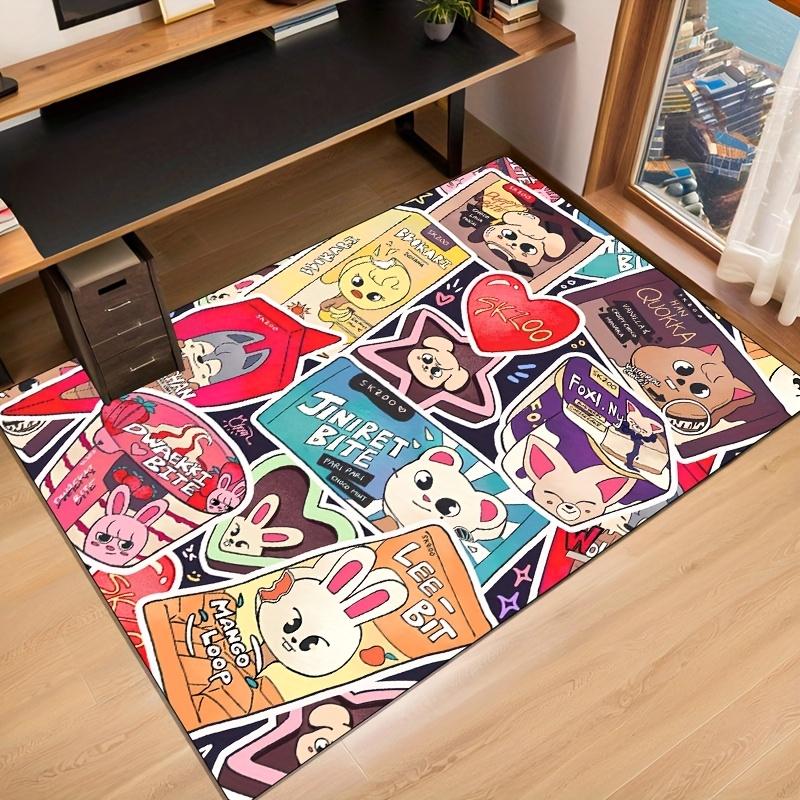 K-pop Idol Cute Cartoon Carpet Non-slip Polyester Carpet with Vibrant Mango and Rabbit Design for Bedroom Decor