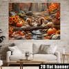 2D Plane, Autumn Harvest Theme Banner Background Fabric, Featuring Two Squirrels, Pumpkins and Sunflowerszyc