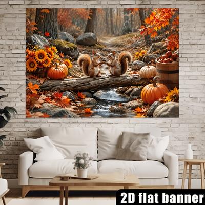 2D Plane, Autumn Harvest Theme Banner Background Fabric, Featuring Two Squirrels, Pumpkins and Sunflowerszyc