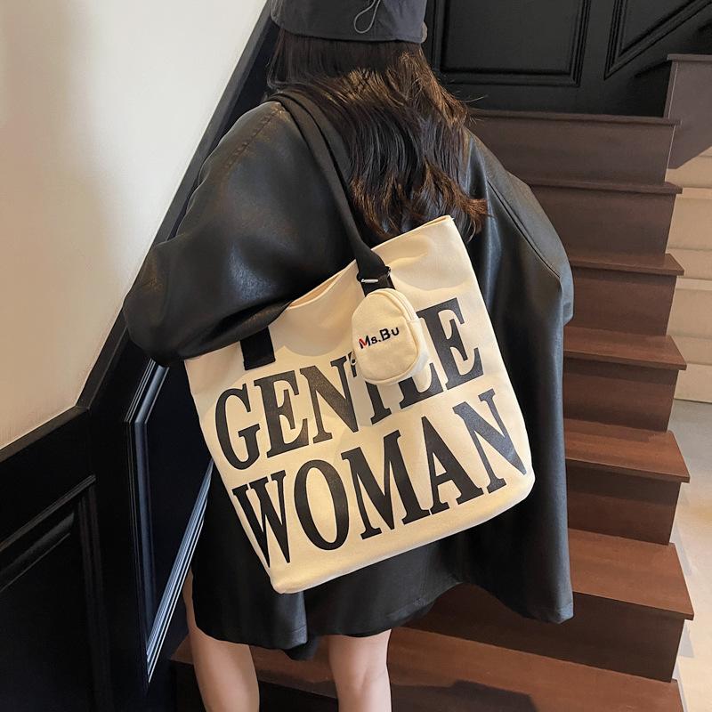 2025 autumn new fashion simple commuter large capacity shoulder bag Korean version casual canvas bag alphabet tote bag