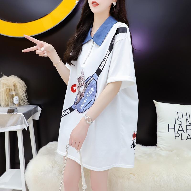 Dámské letní dlouhé volné tričko s krátkým rukávem, dámské ležérní tričko s límcem na krk