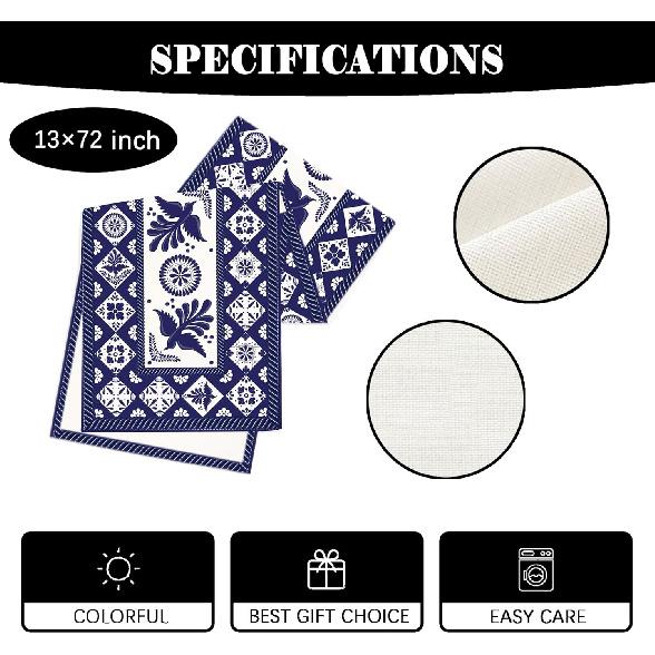 Mexican Table Runner Blue Patchwork Tiles Table Cover Mexican Fiesta Talavera Floral Bird Decor Mexican Dia De Los Muertos Decorations for Simple