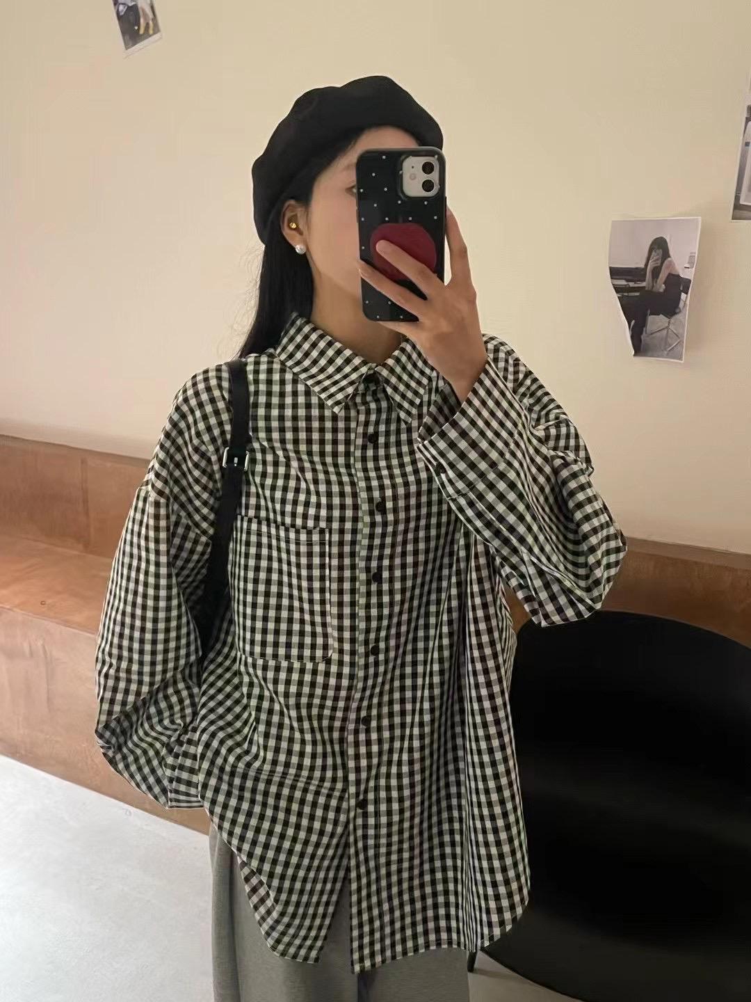 

Женская весенняя клетчатая рубашка в корейском стиле: Большой размер, Свободный, Ретро-кэжуал, Длинный рукав One Size