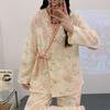 Two-Piece Pajama Set: V-Neck Lace-Up Cardigan with Long Sleeves and Pants, Spring/Autumn Print, Wearable at Home or Out, with Lapel.