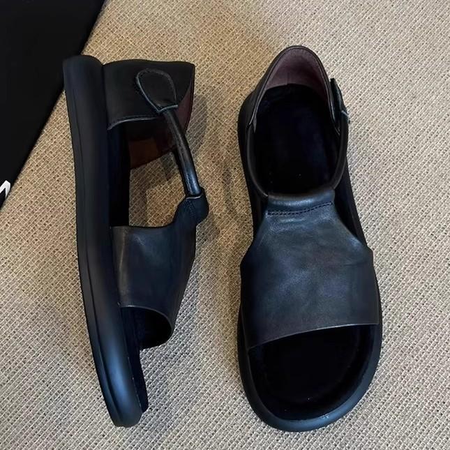 Soft Leather Version~~ Retro Casual Hollow Platform Open-toed Sandals Women's Summer New Versatile Soft-soled Heightening Roman Shoes