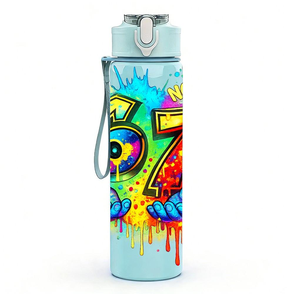 1PC Rainbow Number 67 Graffiti Print 750ml Color Plastic Sports Water Bottle Leakproof Flip Straw Lid Suitable for Sports Office Home Use