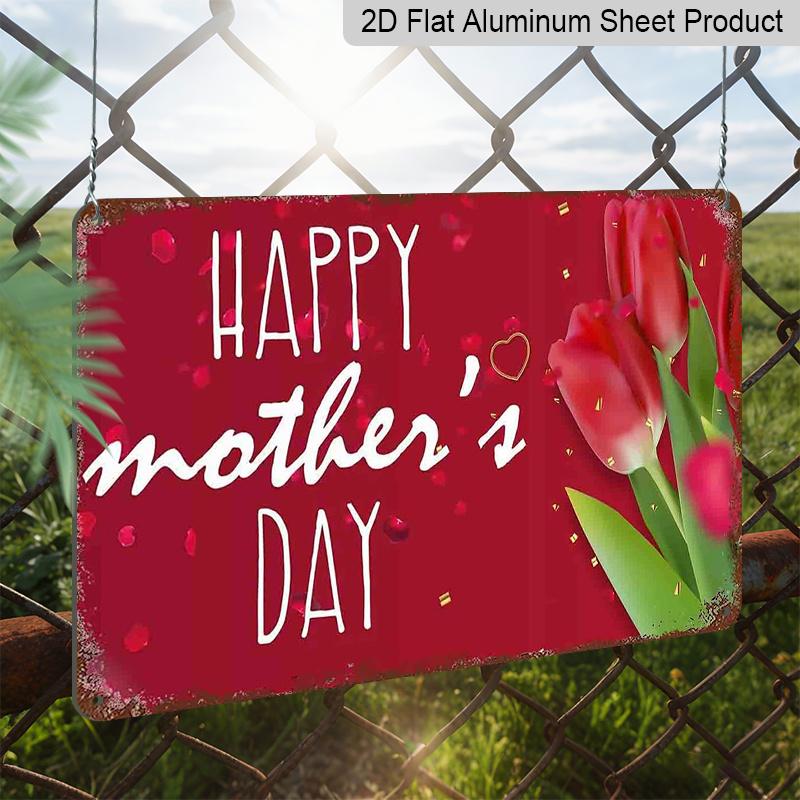 2D Flat, 1pc "Happy Mother's Day" Aluminium Sign 8x12 Inch - Red Tulip & Heart Design, Vintage Distressed Finish, Mother's Day Wall Decor, Gift for