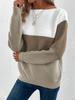 Autumn and winter crew neck splicing versatile striped sweater women's lazy style top loose large size pullover knitted sweater