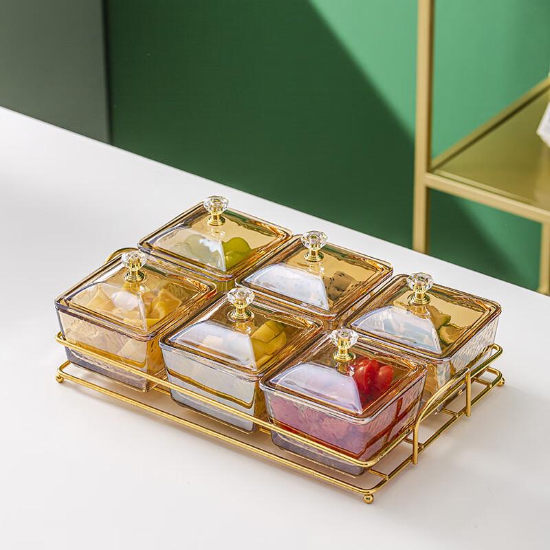 Hammered Amber Glass Snack Server with Gold Stand 1 Set