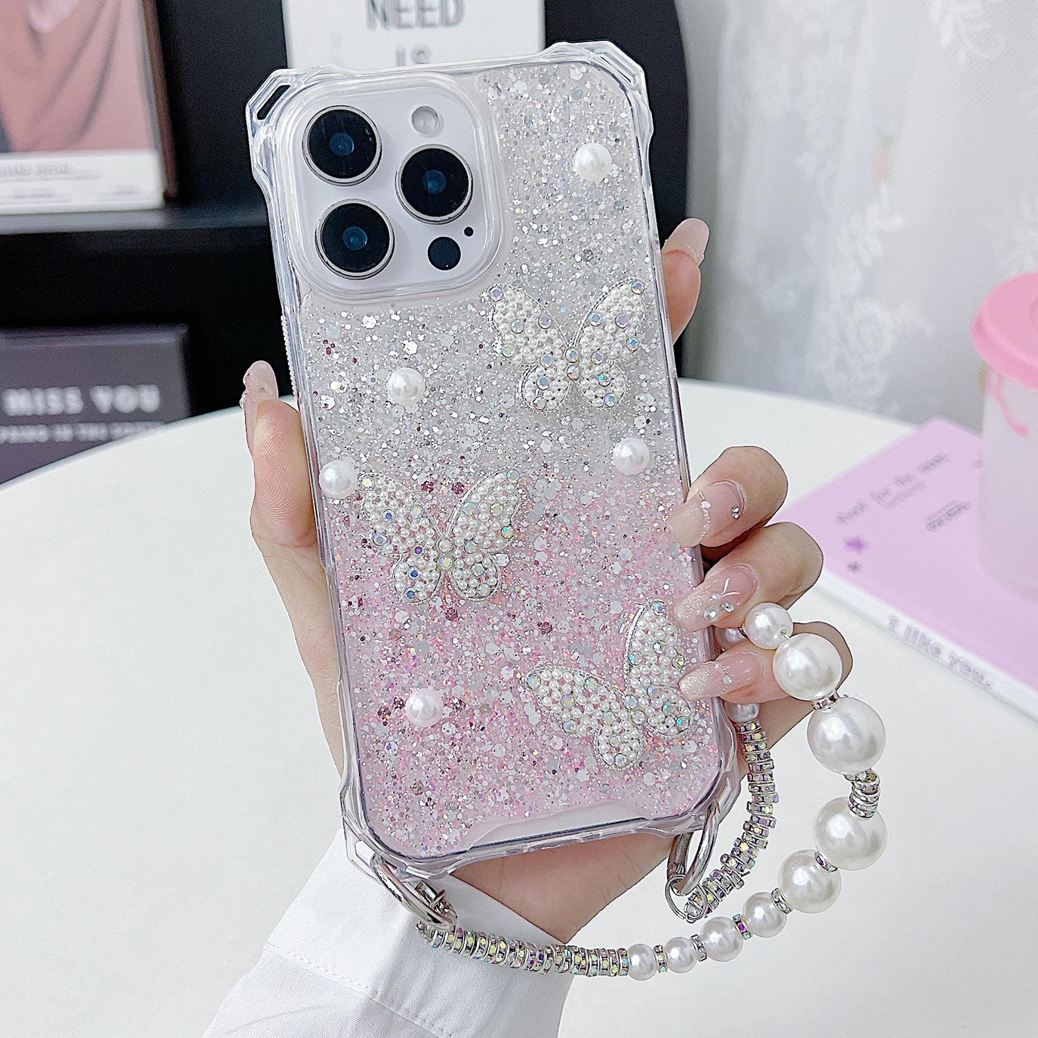 

For iPhone 16 Pro Max Case with Strap Epoxy Glitter Butterfly Decor TPU+Acrylic Phone Back Cover Pink White