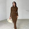 Figurbetontes Kleid für Damen Mock-Neck Langarm Midi-Kleid Gerafft Slim Fit Party Cocktail Formelles Kleid Herbst Hochzeitsgastkleid