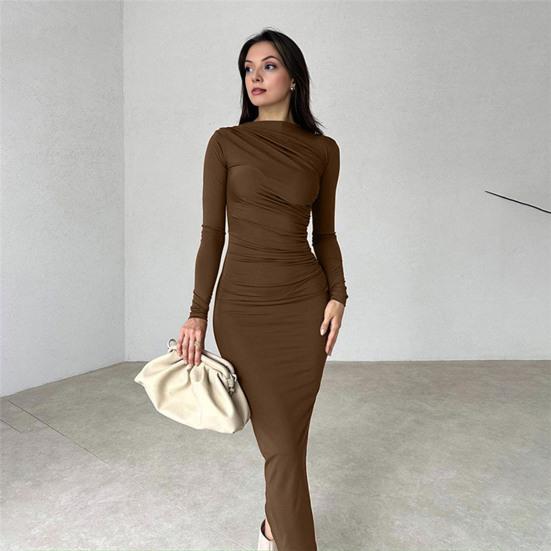 Figurbetontes Kleid für Damen Mock-Neck Langarm Midi-Kleid Gerafft Slim Fit Party Cocktail Formelles Kleid Herbst Hochzeitsgastkleid