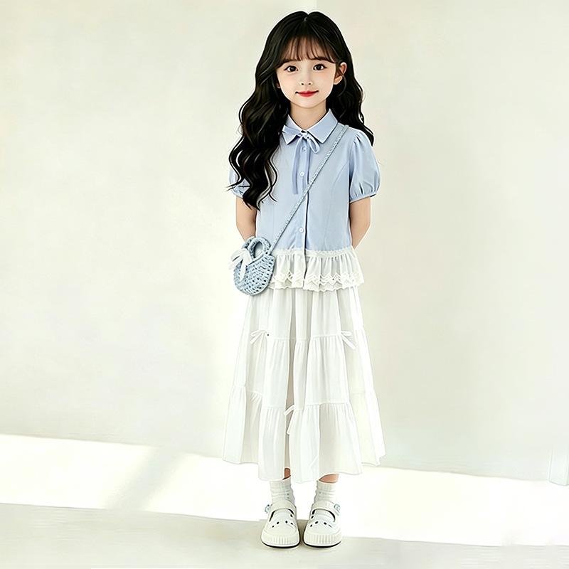 Girls Summer Preppy 2 Piece Set Ruffle Short Sleeve Shirt And Tiered Cake Skirt Outfit For Big Kids