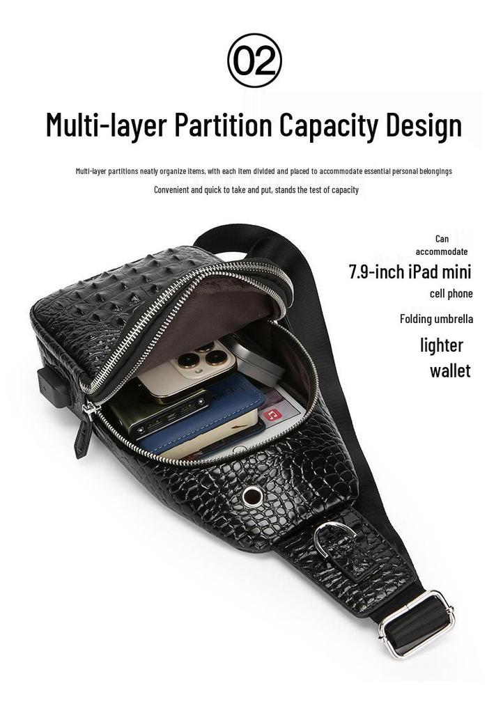 Men's Retro Crocodile Pattern Chest Bag - Large Capacity European and American Style Crossbody & Shoulder Bag.