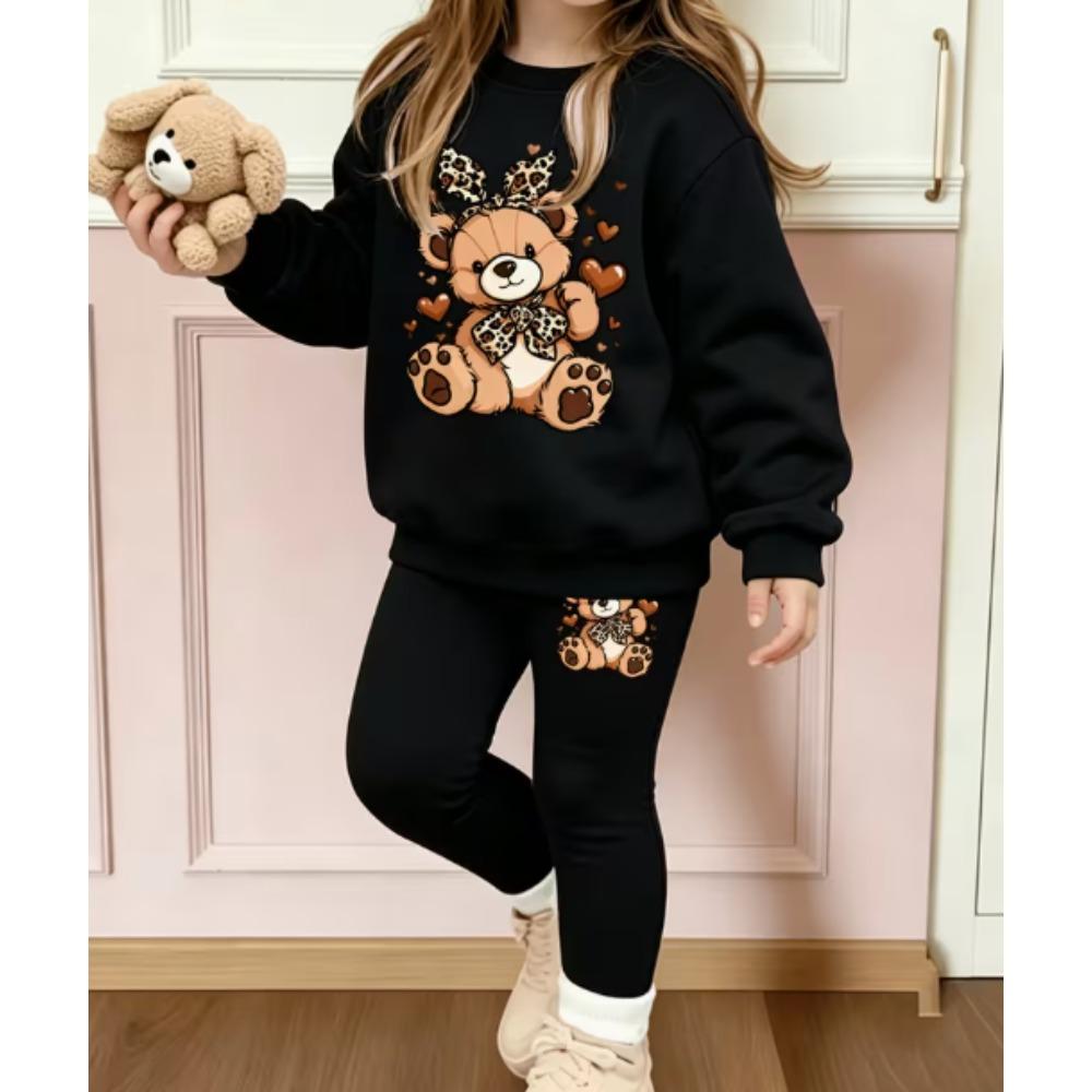Girls' Leopard Bear Casual Comfortable Soft Loose Pullover Sweatshirt and Leggings 2-Piece Set, New Autumn/Winter, Playful, Sweet and Cool Style
