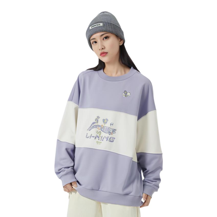 Li-Ning Sport Fashion Series Fun Logo Print Color Block Loose Pullover Sweatshirt Women sweatshirt White Purple AWDR398-4