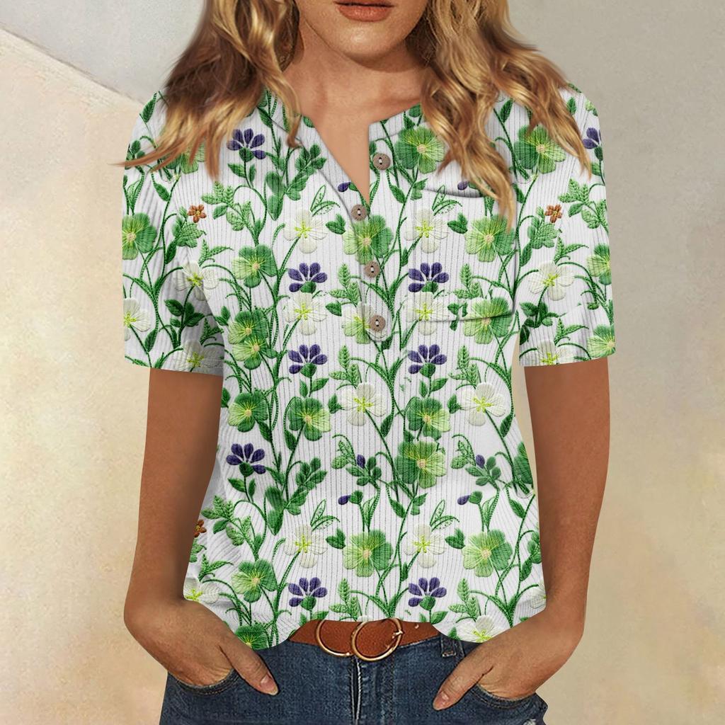 T-Shirts für Damen, plissiert, V-Ausschnitt, elegant, lässig, Blusen, bedruckt, kurzärmelig, Sommeroberteile, lockere Passform