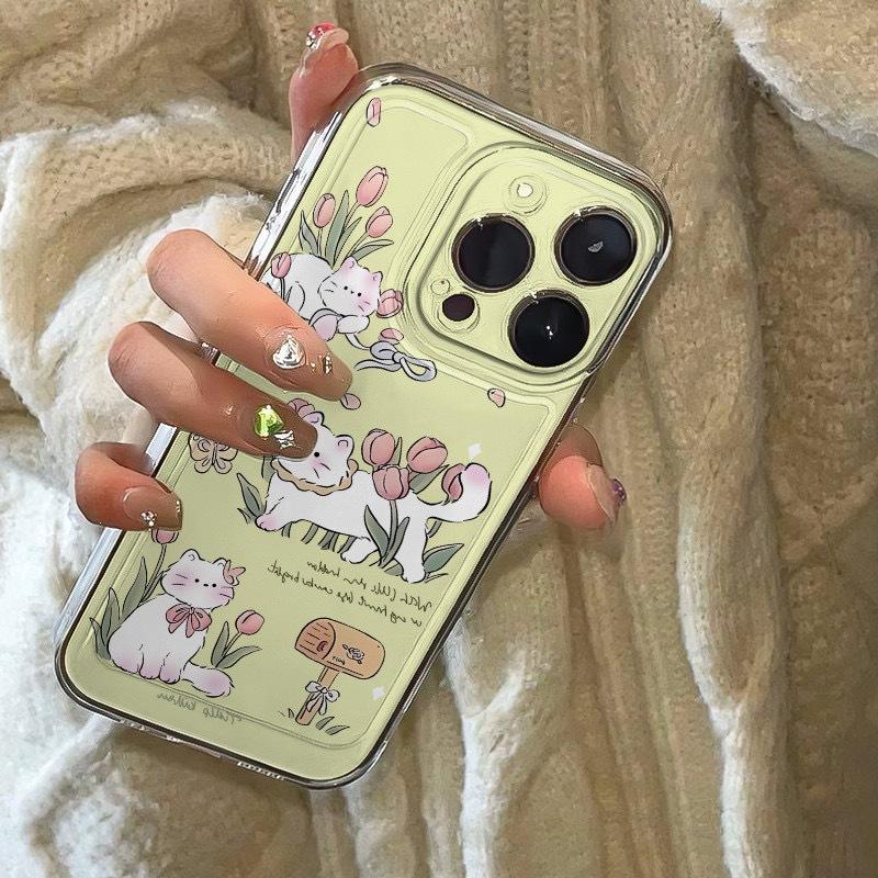Tulip White Cat Mobile Phone Case All Inclusive for Apple 13/14PROMAX/15PRO/16PRO/14/15X