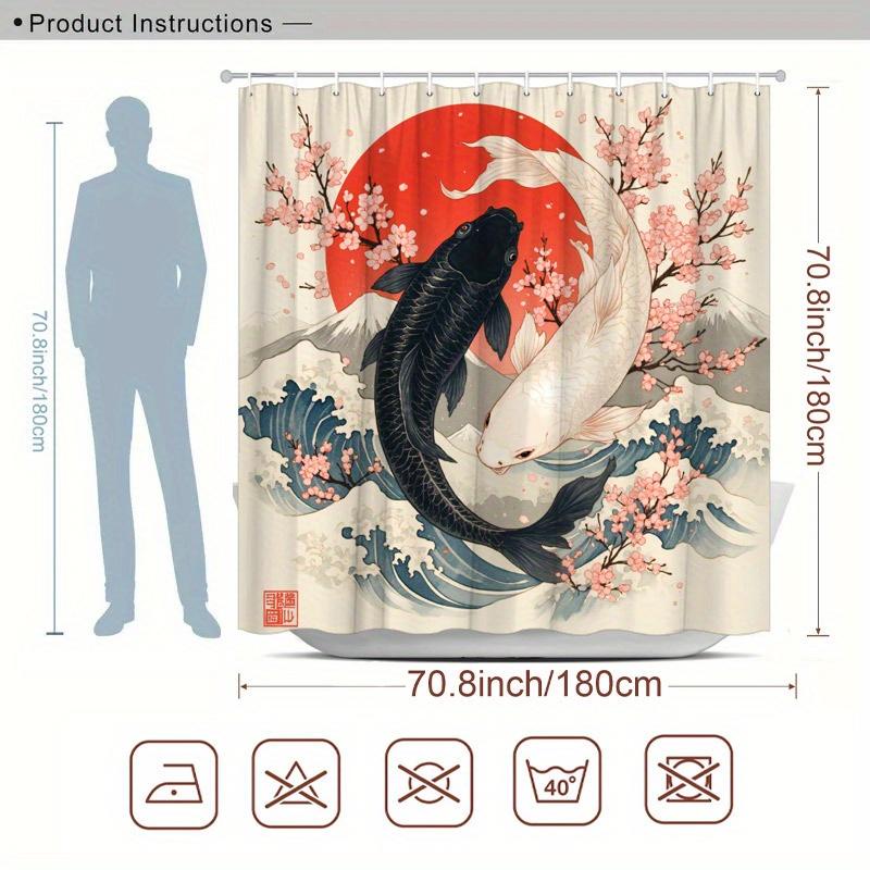 1pc Japanese Ukiyoe Koi Shower Curtain, Cherry Blossom, Red Sun, Snow Mountain Pattern, Easy to Hang, Fashionable Bathroom Dec