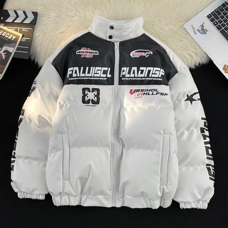 

Yuanhe Мужская зимняя куртка-пуховик из ПУ кожи с цветными блоками - Молодежная утепленная куртка свободного кроя со стойкой L