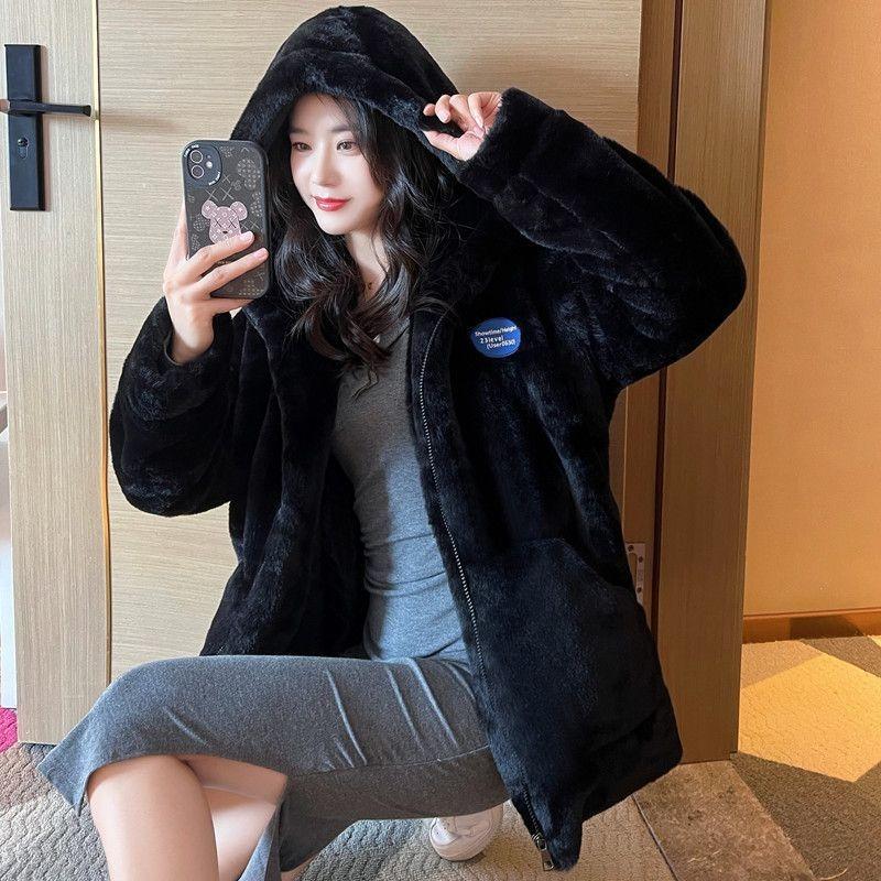 Autumn and Winter New Imitation Lamb Wool Thickened Loose Medium and Long Imitation Fur Coat Women's Plush Hooded Coat
