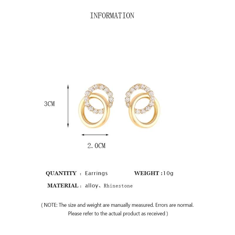 FTCY Gold Color Double Circle Stud Earrings For Women Korean Exquisite Simple Metal Crystal Earring Luxury Party Jewelry Gifts