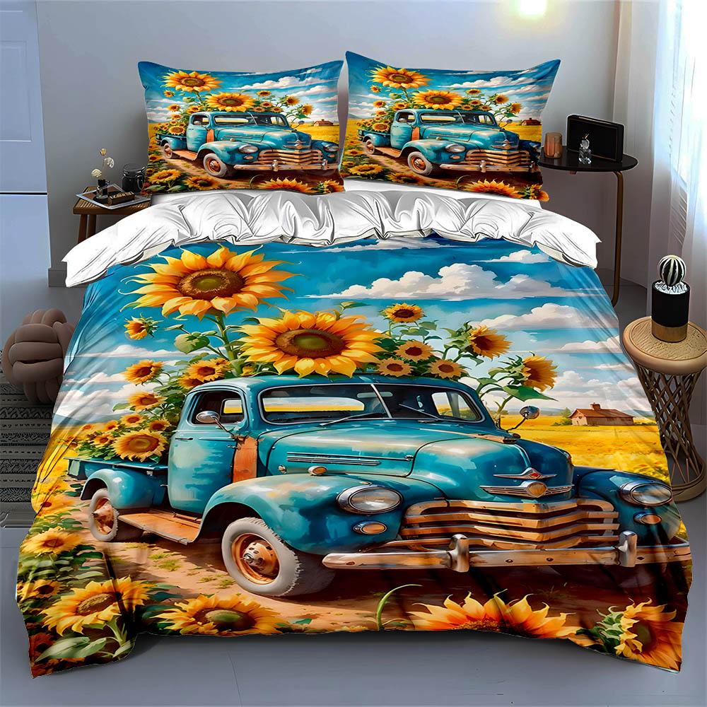 Vintage truck sunflowers Bedding Duvet cover sets Duvet covers Pillowcases gifts (1 * Duvet Cover 2 * Pillowcases, without duvet insert)
