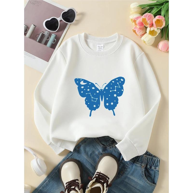 European sizes Kids' Crewneck Sweatshirt - Blue Butterfly with Stars And Moon , Sportswear And Casual Wear, Soft And Comfortable, Clothing, Teenagers