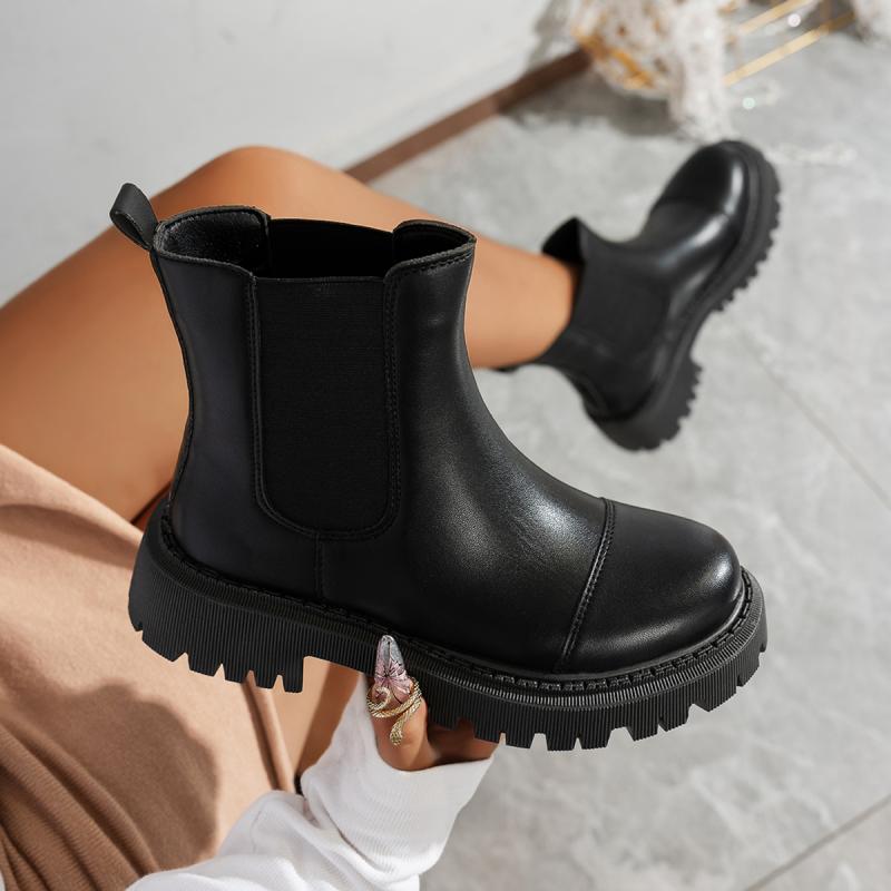Casual Solid Black Pu Chelsea Boots Women 2025 Winter Round Toe Thick Bottom Low Heel Ankle Boots Motorcycle Shoes Women