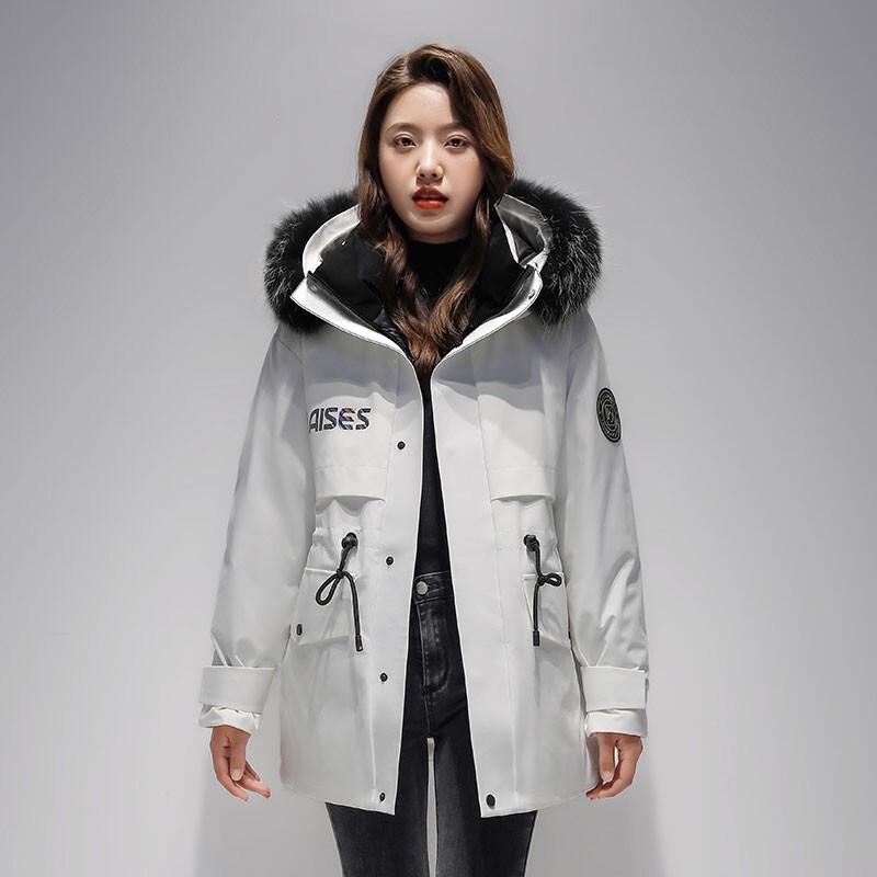 Yiliteng Women's Mid-Length Hooded Down Jacket with Raccoon Fur Trim