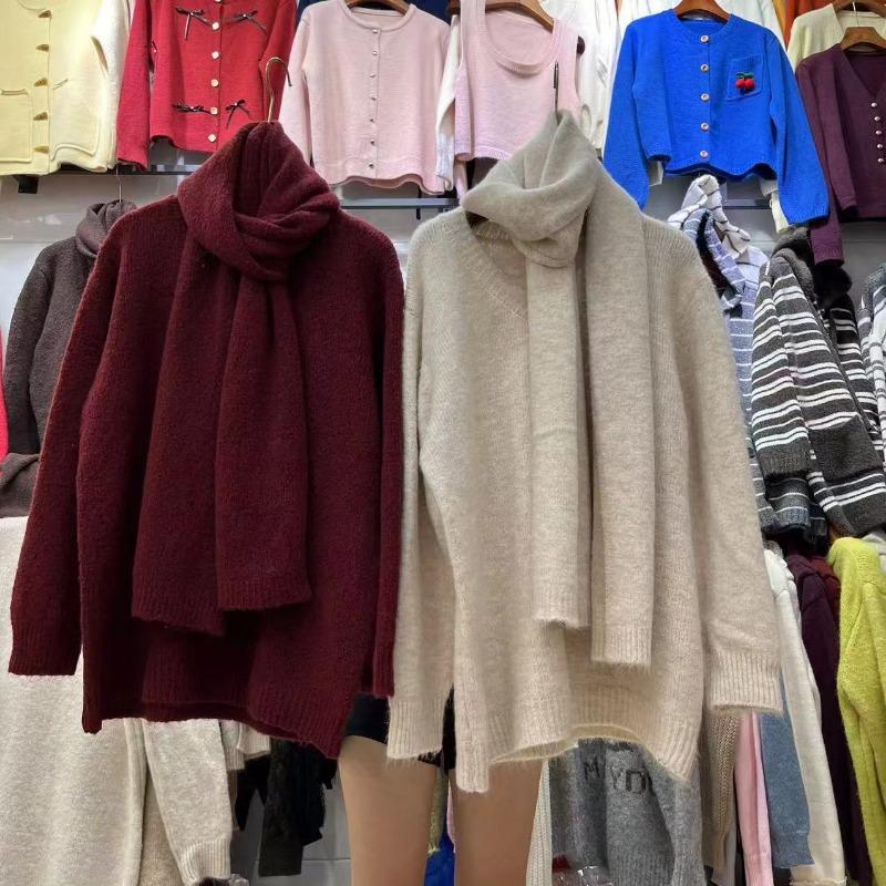 Lazy with scarf knitted pullover sweater women's autumn and winter loose soft waxy fashion versatile knitted sweater women