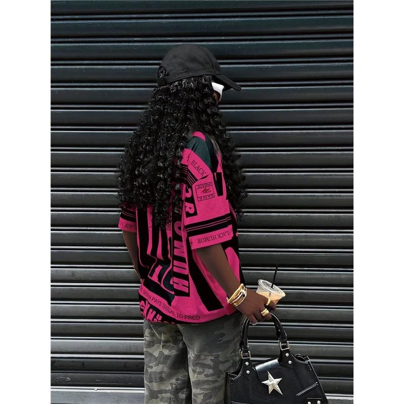 Large American Retro BLACK Printed Short Sleeved T-shirt For Women's Street Style Loose And Slimming Contrasting Half Sleeved Top