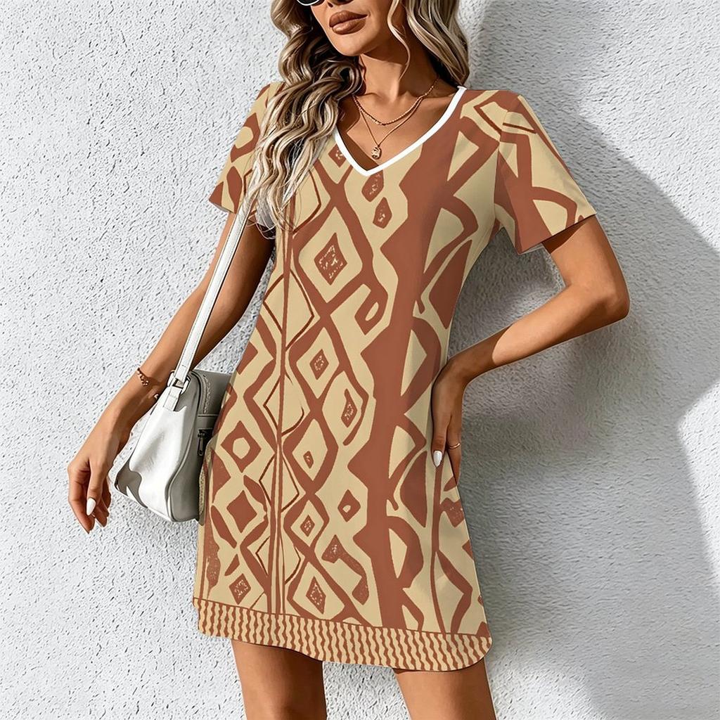 Summer Fashion Women's V Neck Short Sleeve Retro Geometry Pattern Printed  Dress Sex Short Skirt Dresses