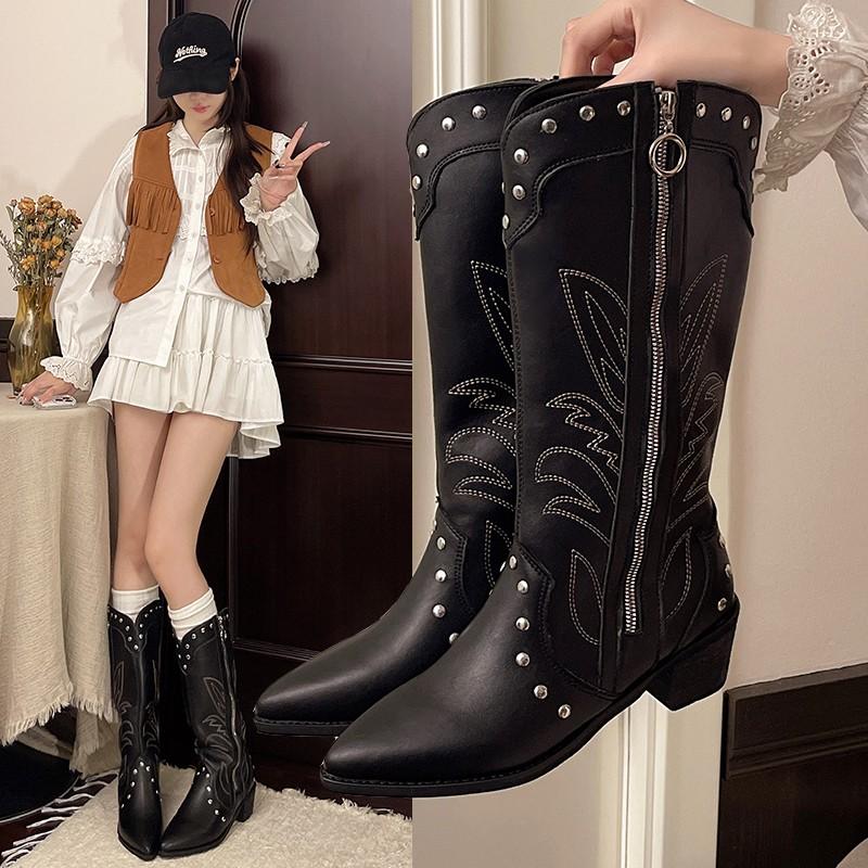 Fashion 2025 Newest Cowboy Boots Knee High Rivet Leather Fashion Luxury Concise Sexy Pointed Toe Square Heels Side Zipper Women Shoes