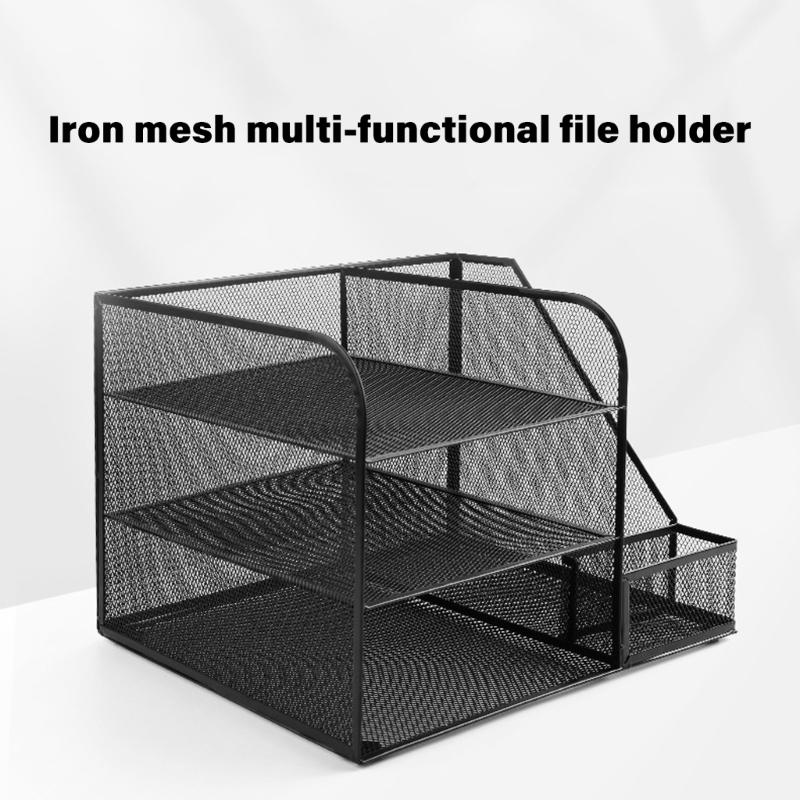 Desk Paper File Tray Organiser 3-Tiered Metal File Letter Tray With Book Rack Space Saving Document Organiser For Office