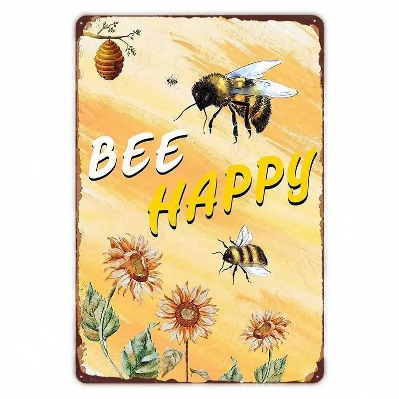 Vintage Bee Kind Funny Poster Honeybee Happy Retro Metal Sign Home Outdoor Wall BeeKeeper Slogans Art Tin Plate Decoration