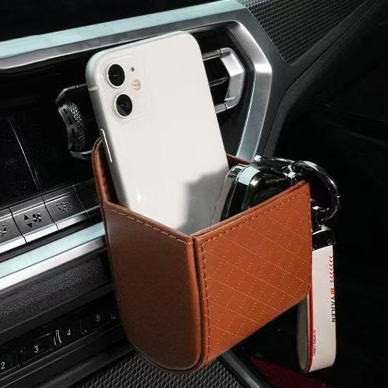 Car Phone Holder Mount Air Vent Hanging Storage Box Car Mobile Phone Bag Pu Leather Glasses Organizer Bag Support In Home