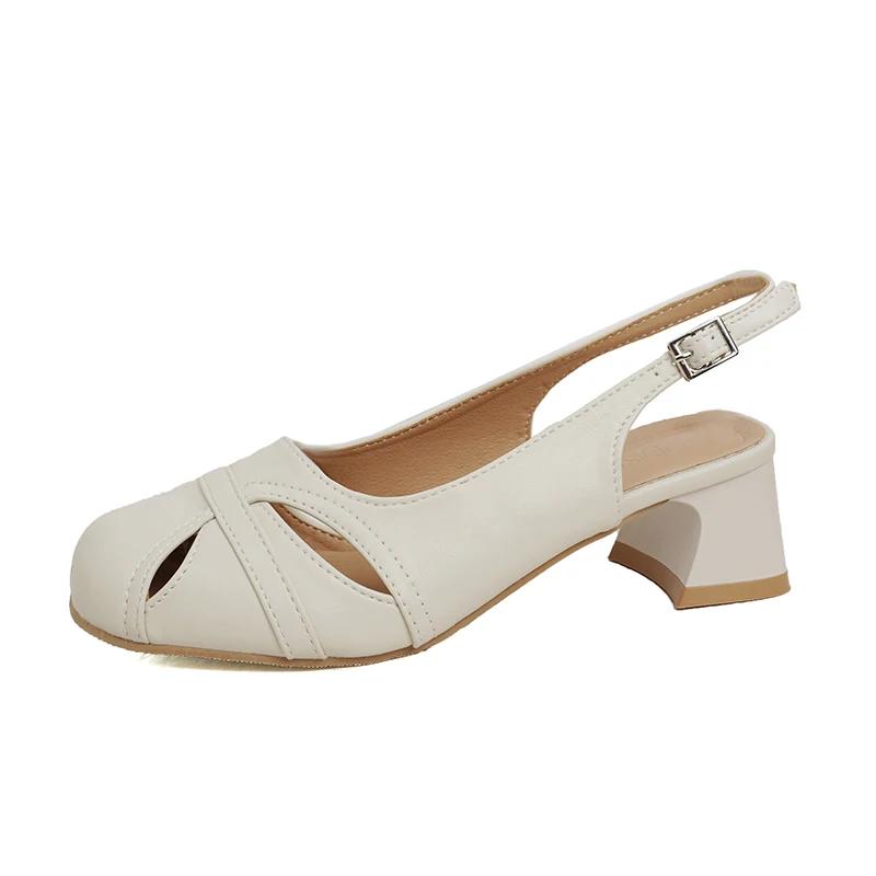 

Модная летняя обувь, сандалии из натуральной кожи, повседневные французские ретро-сандалии-гладиаторы с круглым носком, женские туфли на толстом каблуке 34 бежевый