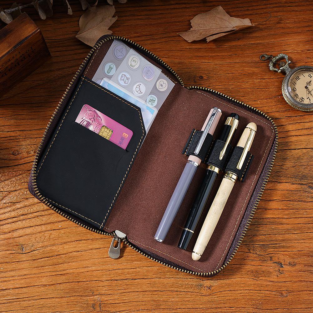 2026 First Layer Cowhide Three-pack Pencil Case Zipper Pen Storage Bag Plus Large Capacity Bill Stationery Case Pencil Case