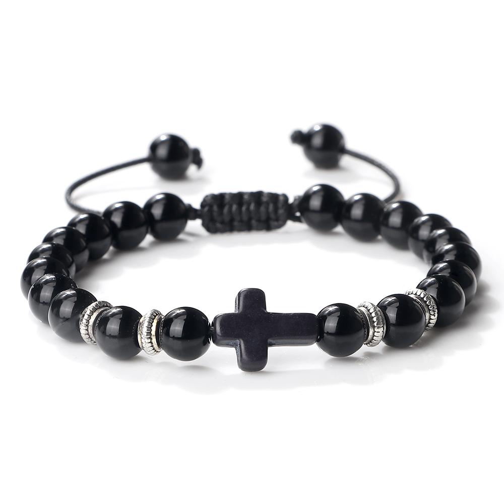 Men Women Braided Bracelet 8MM Natural Stone Christian Bless Jesus Cross Hematite Bead Bracelets Bangles Prayer Handmade Jewelry