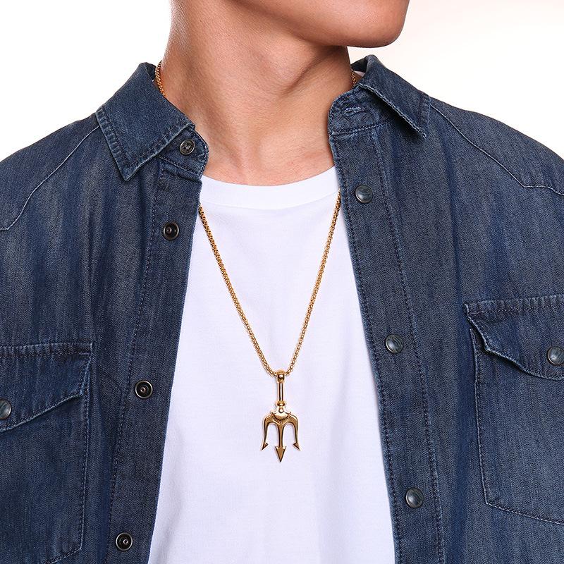 Stainless Steel Trident Pendant Necklace For Men Hip Hop Punk Style Boy Gifts Gold Color 60mm Chain Fahion Jewelry Wholesale