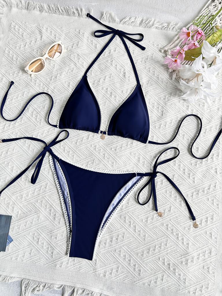 Einfarbiger Spitzenbesatz zum Binden Sexy Bikini Split Badeanzug Damen