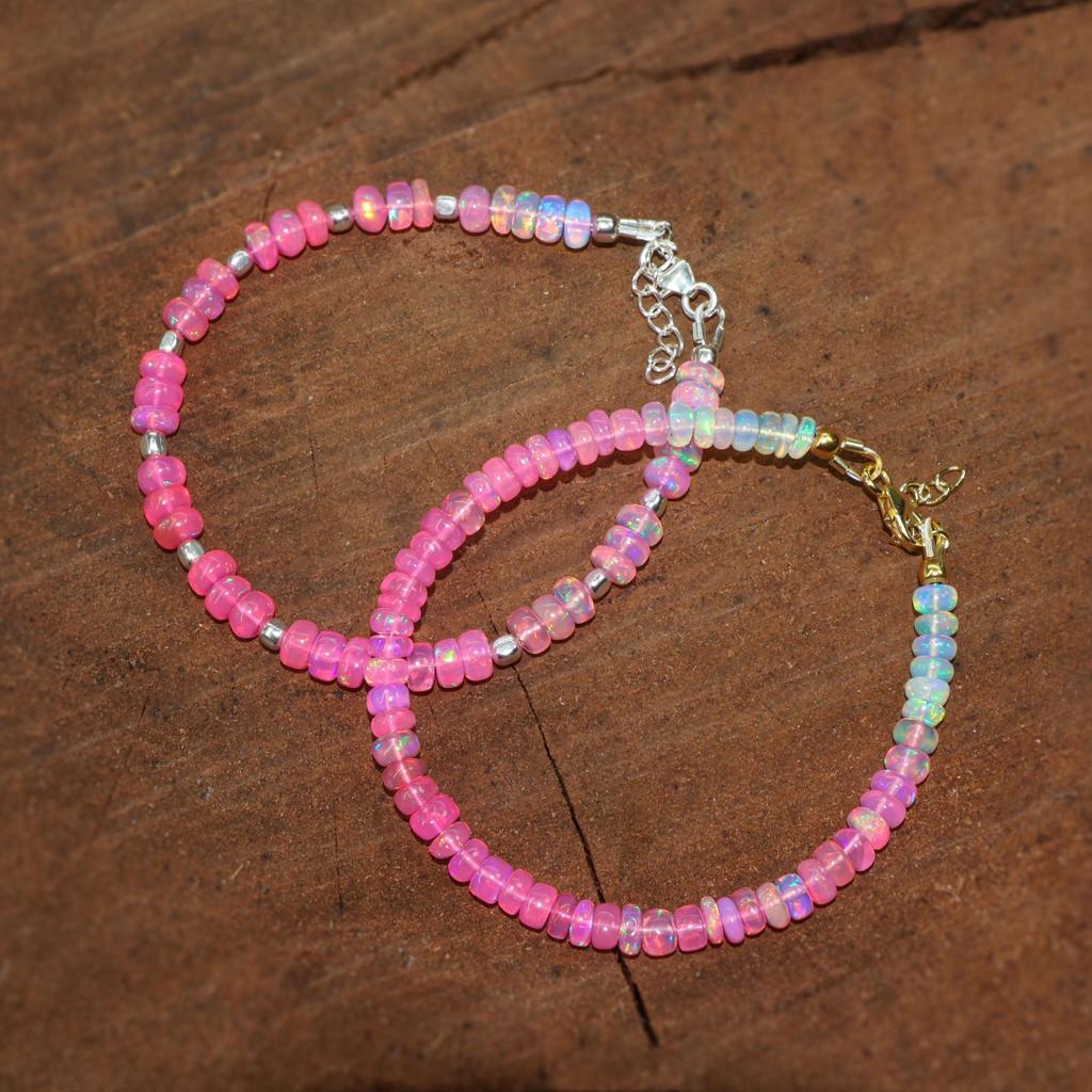 Pink Shaded Opal Beads Bracelet, Multifire Opal Beads Handmade Bracelet, Natural Opal Beaded Bracelet, Opal Birthstone Jewelry, Gift for Her