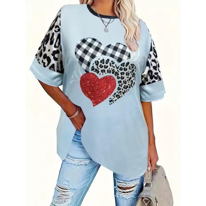 Women's Summer Comfortable Breathable Plus Size 3D Heart  Printed T-shirt- Soft Medium Stretch Polyester Fabric Summer Mens Relaxed Fit Clothing