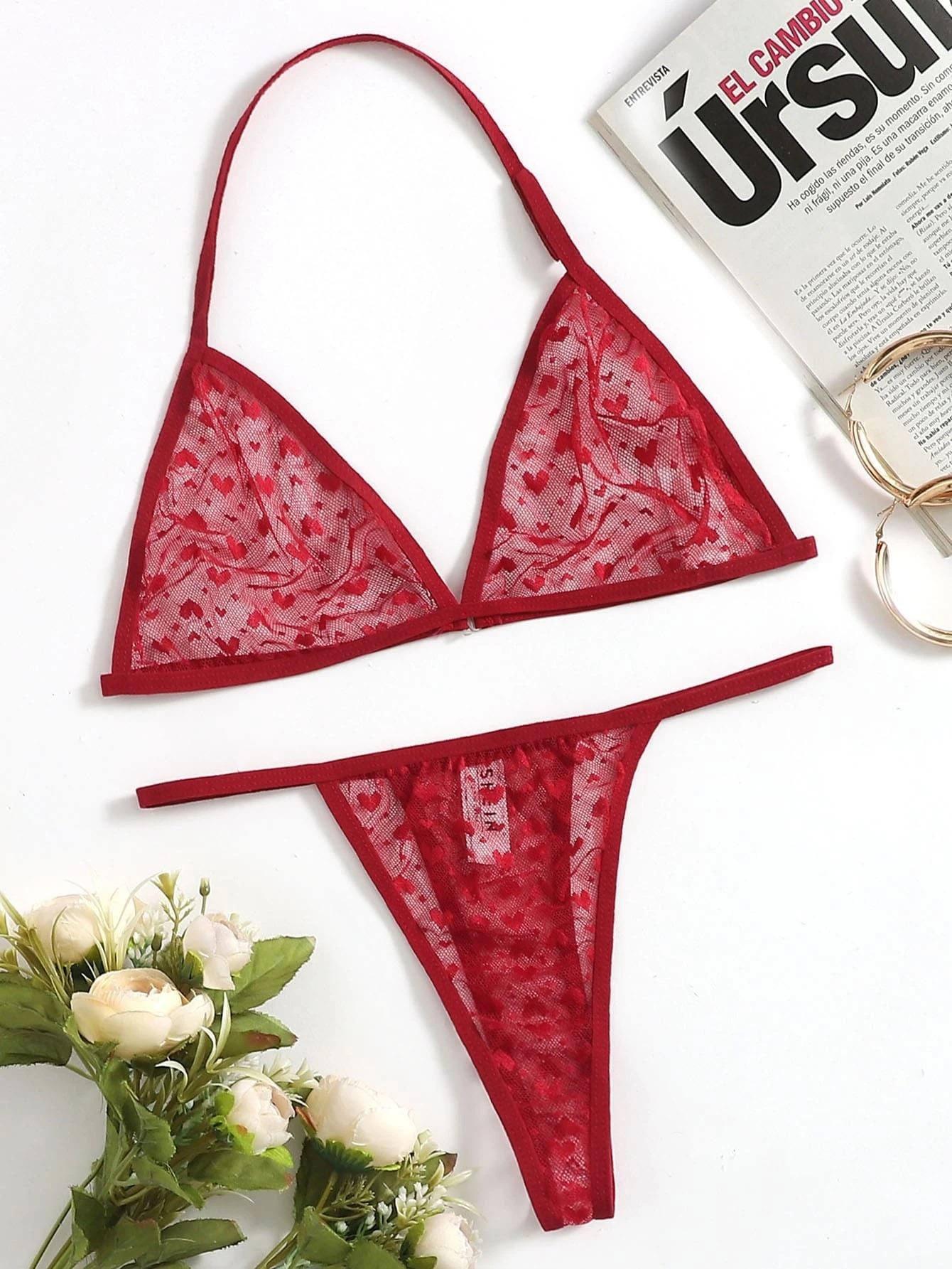 

Горячая Распродажа Бюстгальтер на шее с тремя точками Сетка Перспектива Любовь Вышивка Соблазнение Нижнее Белье XL красный