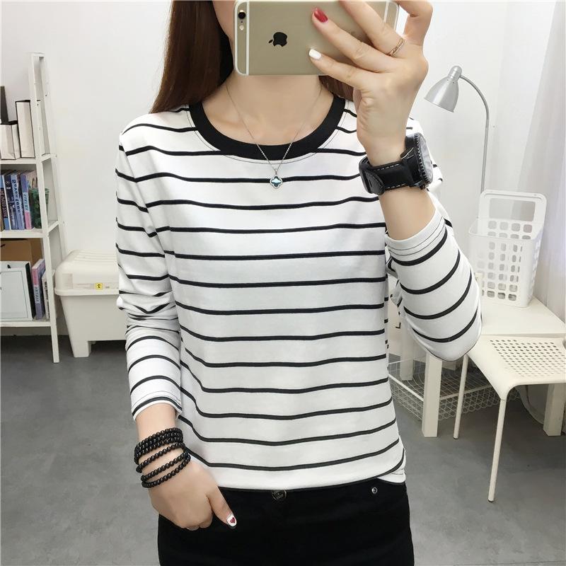 Plus Size Women's Loose Long Sleeve T-Shirt Autumn Cotton Striped Base Shirt Top
