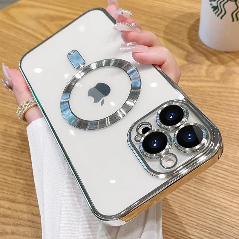 Magnetický Pokovovaný Obal Pre iPhone 16 15 14 Plus 13 12 11 Pro Max Sklo na Ochranné Sklo Objektívu Fotoaparátu Pre Kryt Bezdrôtovej Nabíjačky Magsafe